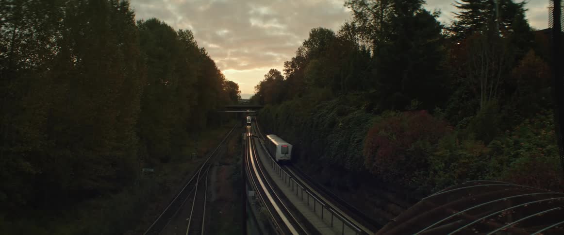 Two trains run along railway track at dawn