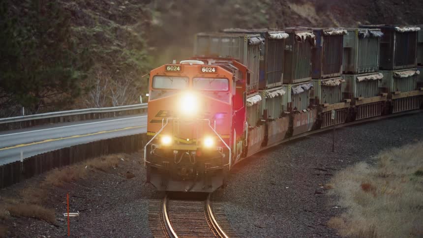 A freight train carrying goods runs along railway track near highway