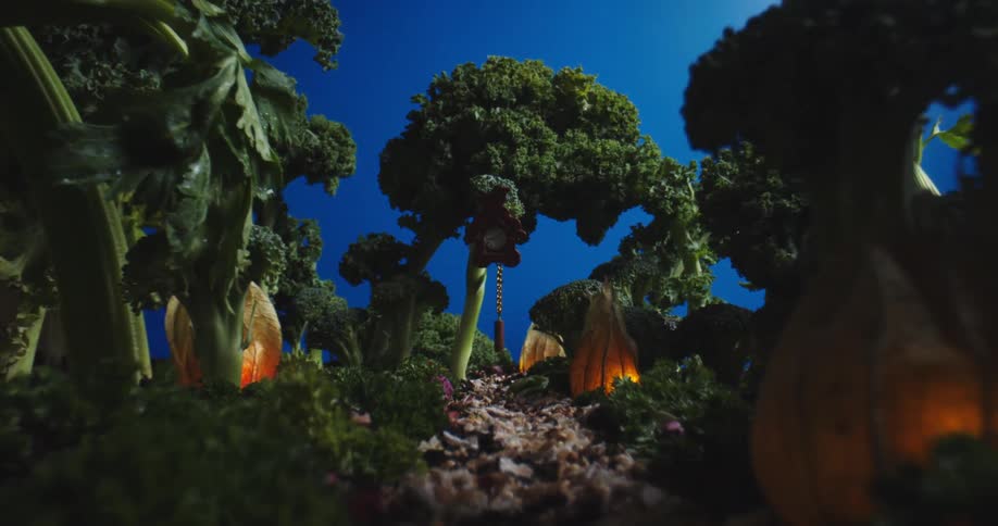 Moving down a path in a strange place with broccoli trees and onions under a deep blue sky