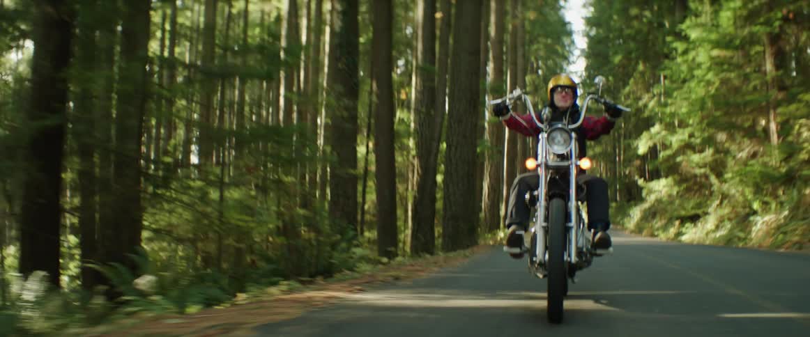 A woman is riding her motorcycle on a road through a forest