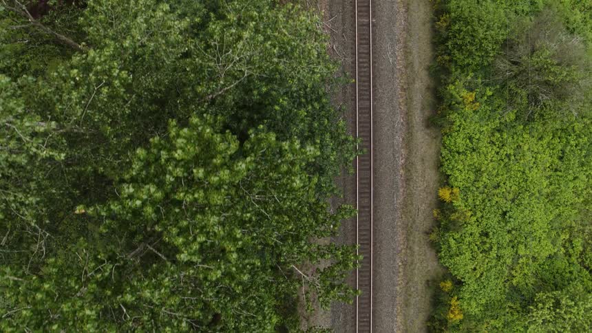 Birds eye view of an empty railroad track running through a wooded area