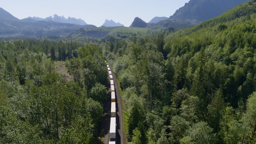 A container train travels through forest and tall mountains on a sunny morning