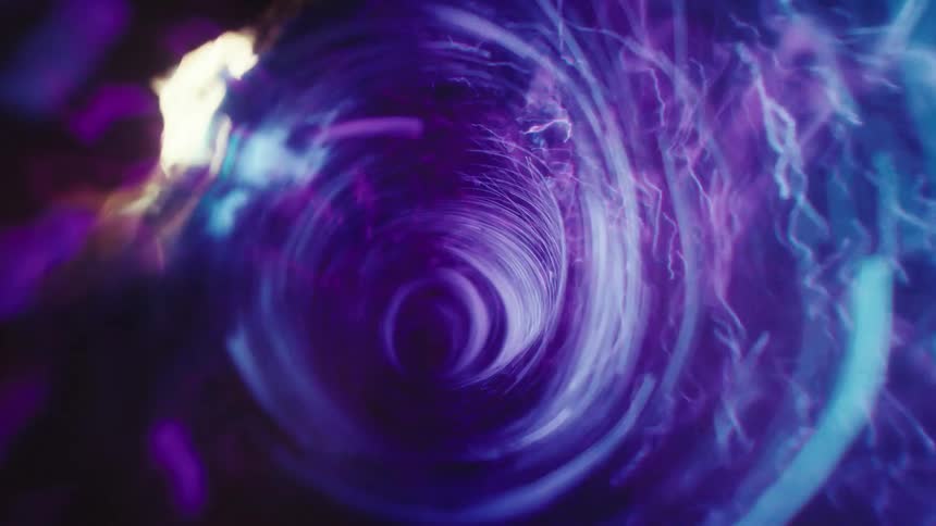 A chaotic purple whirlpool spins wildly as glowing light blue particles and sparks move downward in the tunnel as they are caught in the vortex