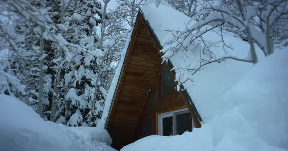 Heavy snow covers trees and bushes around a house in the woods on a winter day