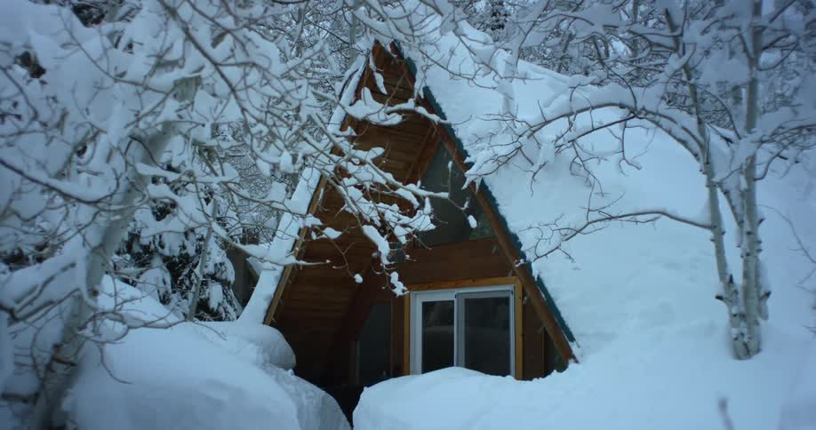 Snow falls onto already covered house and trees