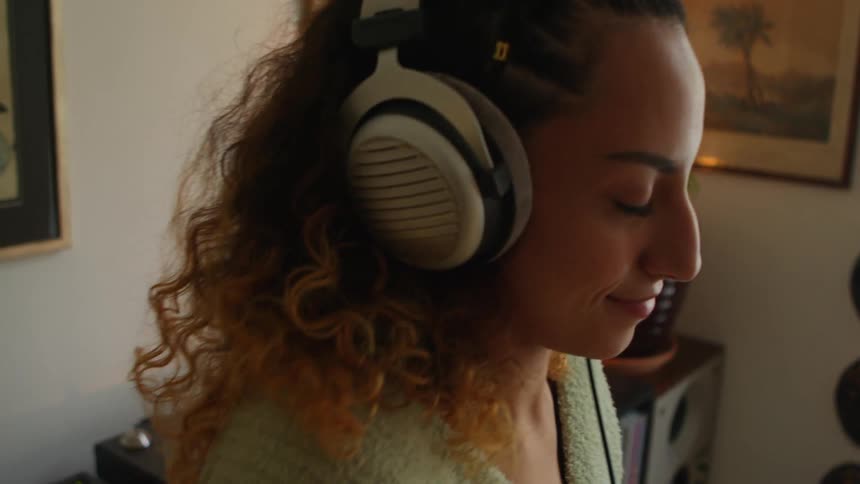 A woman dances while listening to music through headphones
