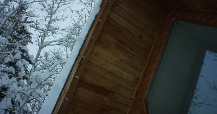 A view of a roof on a house during winter is displayed