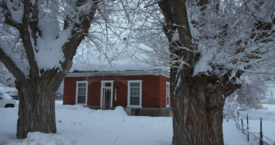 Snow falls onto yard and home already covered in snow