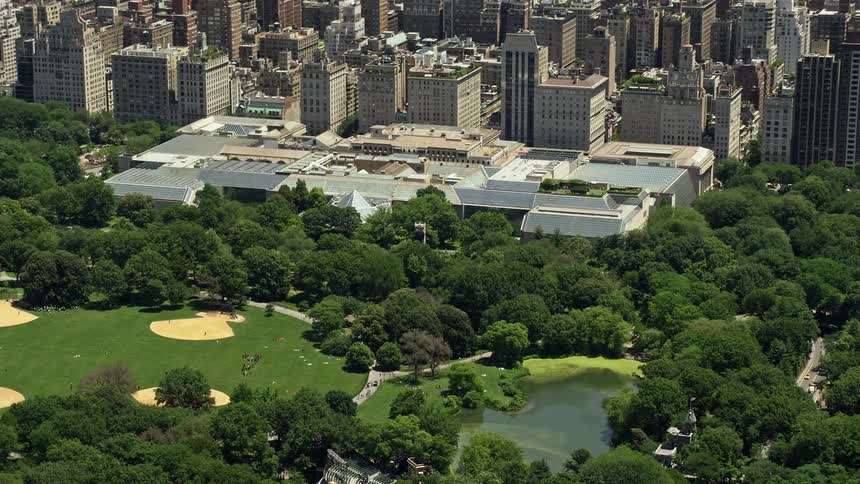 Aerial footage of the Metropolitan Museum of Art in New York City during summer