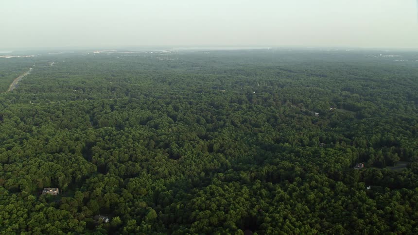 An aerial view of a rustic neighborhood surrounded by dense woodland with hints of sunset in Clifton Virginia