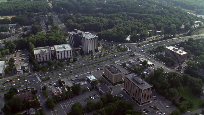 Aerial view of office buildings at an intersection in Annandale Virginia during daytime