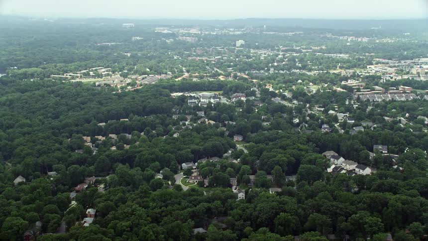 An aerial shot capturing the serene beauty of suburban communities nestled amidst lush green trees in Alexandria Virginia during a sunny day in summer
