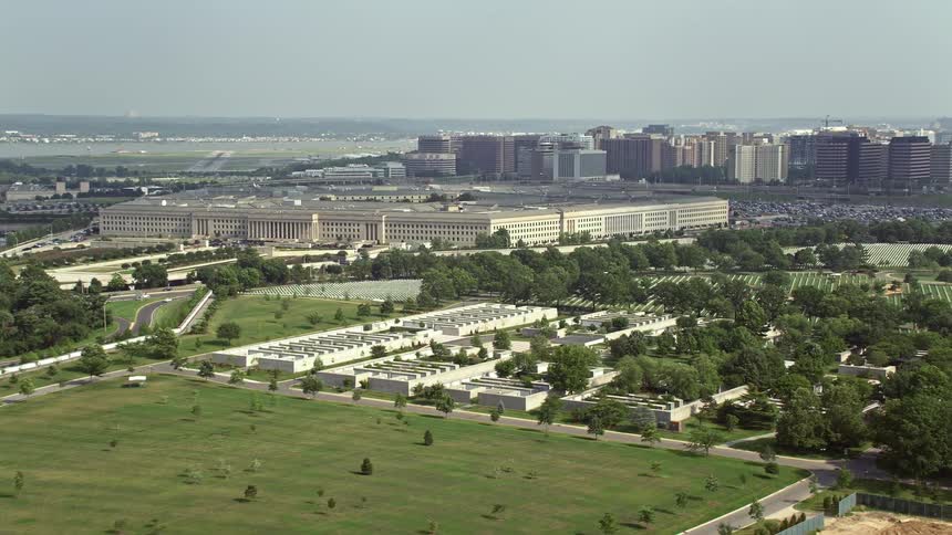 Aerial footage of The Pentagon the headquarters of United States Department of Defense captured from Arlington National Cemetery in Washington DC