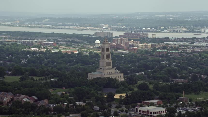 This aerial stock footage captures the George Washington Masonic National Memorial a famous landmark in Alexandria Virginia during the summer