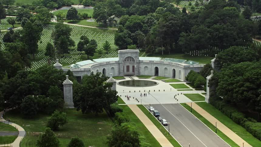 Aerial footage of the Women in Military Service for America Memorial at Arlington National Cemetery in Virginia