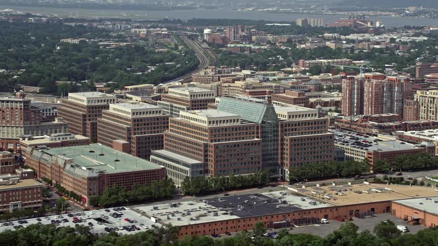 Aerial view of United States Patent and Trademark Office an industrial government building in Alexandria Virginia during daytime