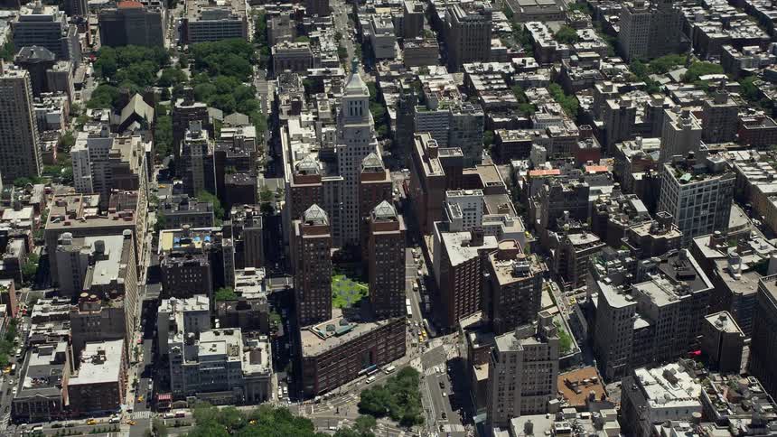 Aerial footage of Beth Israel Medical Center complex in New York City on a sunny day