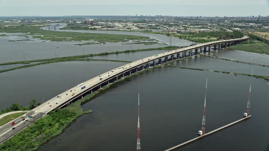 Aerial view of the New Jersey Turnpike bridge over the Hackensack River in Kearny New Jersey during the daytime