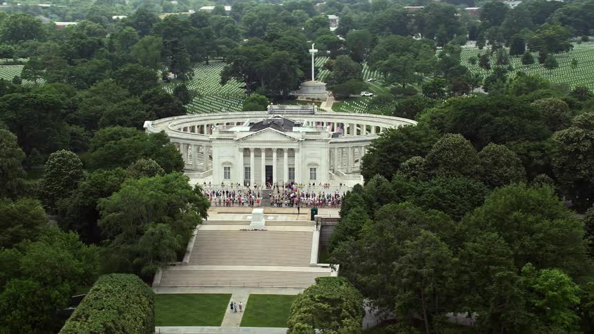 Aerial footage of tourists visiting the Tomb of the Unknown Soldier Monument at Arlington National Cemetery in Washington DC