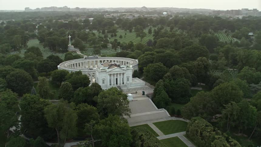 An aerial view at twilight of the Tomb of the Unknown Soldier in Arlington National Cemetery Virginia