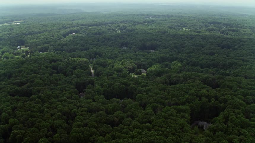  aerial footage of upscale homes scattered in a dense forest landscape of Fairfax Station Virginia during the summertime