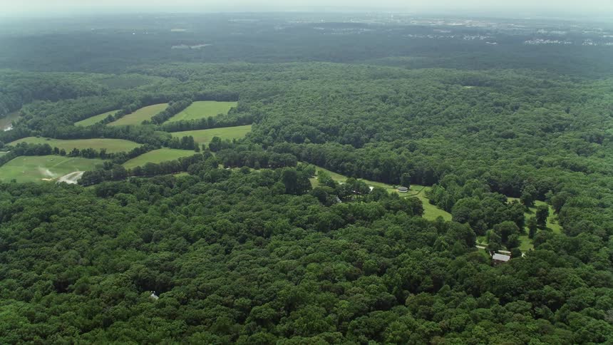An upscale residential neighborhood with beautiful homes is captured through a birds eye view as dense forest and power lines surround them during daytime aerials in Fairfax Station Virginia