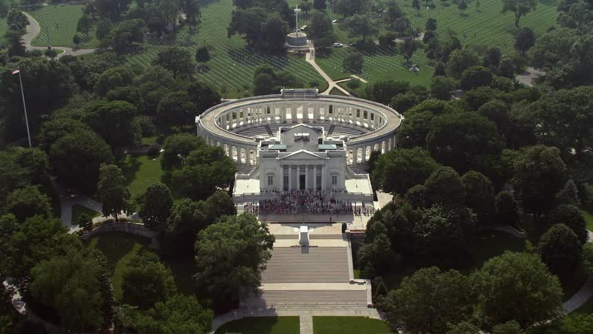 An aerial view approaching and flying over the Tomb of the Unknown Soldier at Arlington National Cemetery in Washington DC