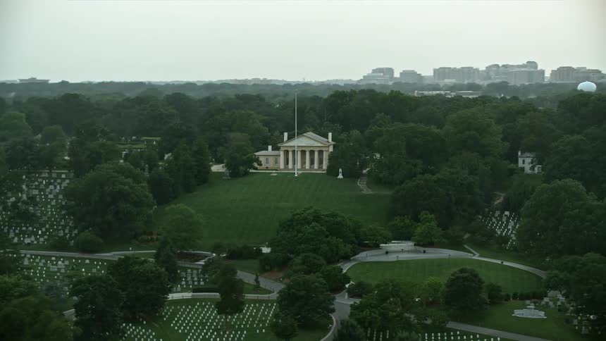Twilight aerial footage of Arlington House and John F Kennedy Gravesite at Arlington National Cemetery Virginia