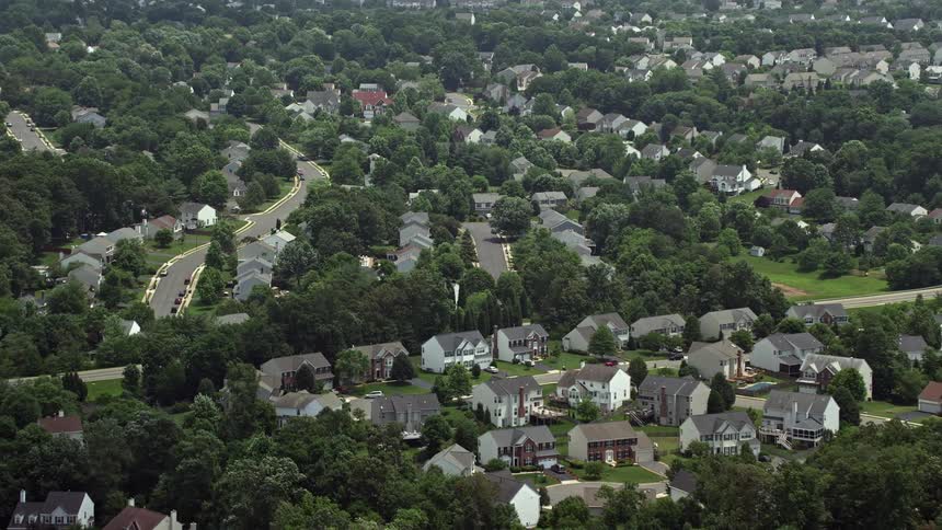Aerial footage of suburban neighborhoods in Manassas Virginia during daytime