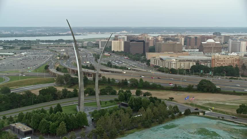A breathtaking twilight aerial view of the United States Air Force Memorial and Arlington National Cemetery in Arlington Virginia