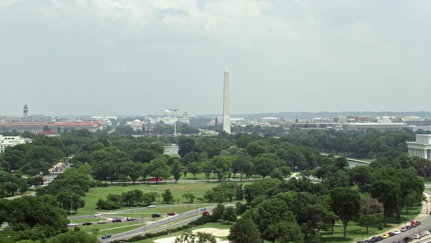 A stunning aerial view of the National Mall in Washington DC with the US Capitol and Washington Monument in sight