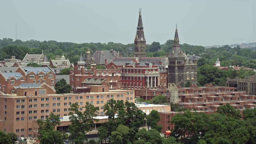 Stunning aerial footage captures the vibrant campus of Georgetown University in Washington DC on a sunny day