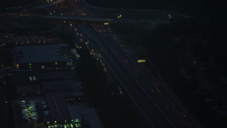 Aerial view of heavy traffic on Interstate 495 in Springfield VA at night