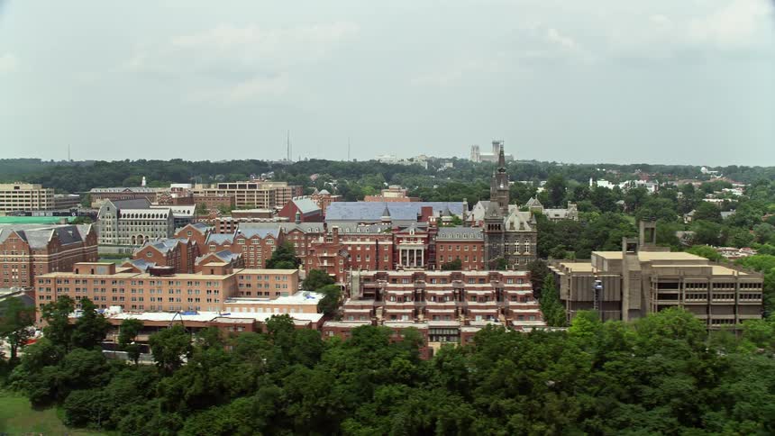 Aerial footage of Georgetown University college campus in Washington DC during a cloudy day