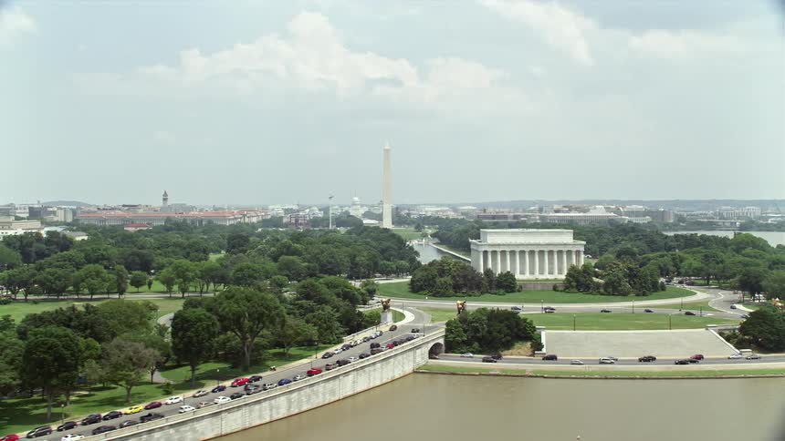 Aerial view of Washington DCs iconic Lincoln Memorial and Washington Monument on a sunny day