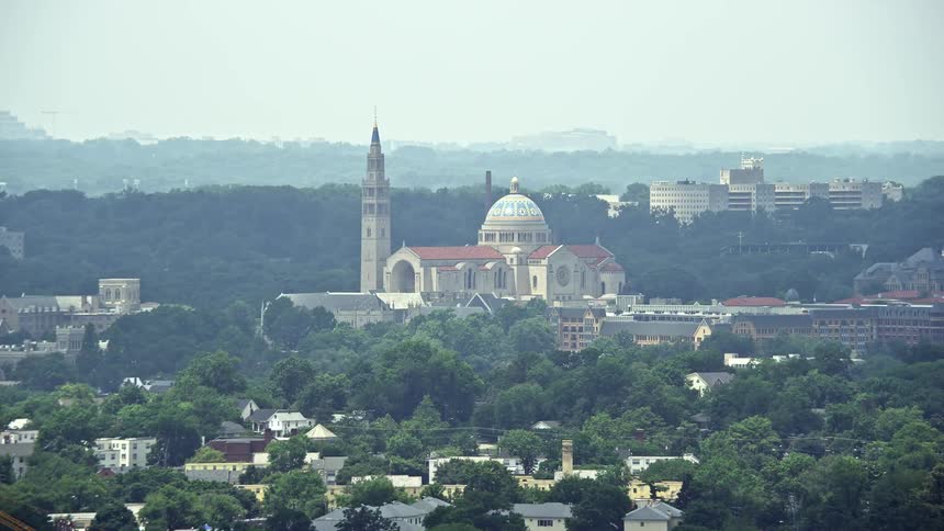 An aerial view of the Basilica of the National Shrine of the Immaculate Conception in Washington DC during summertime