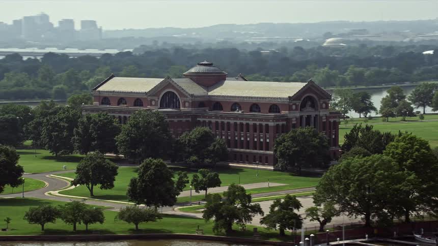 An aerial view of Roosevelt Hall home to National War College in Washington DC during a hazy day