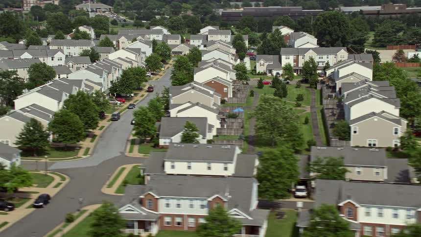 An aerial view of military housing at Bolling Air Force Base in residential neighborhood of Washington DC on a sunny day