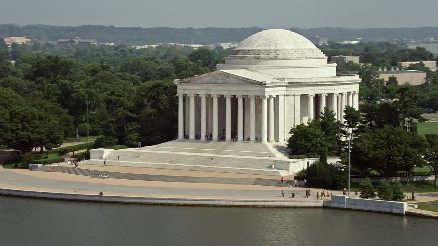 An aerial view of the Jefferson Memorial in Washington DC showcasing the Jefferson Statue inside the historical landmark