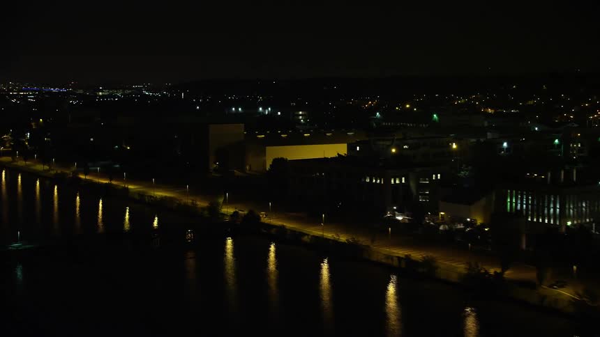 Aerial footage of the United States Naval Research Laboratory at night located near the Potomac River in Washington DC showcasing military and scientific facilities