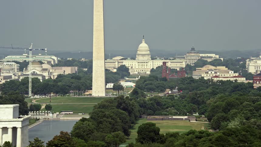 A stunning aerial view of the United States Capitol Washington Monument and National Mall in Washington DC during summer