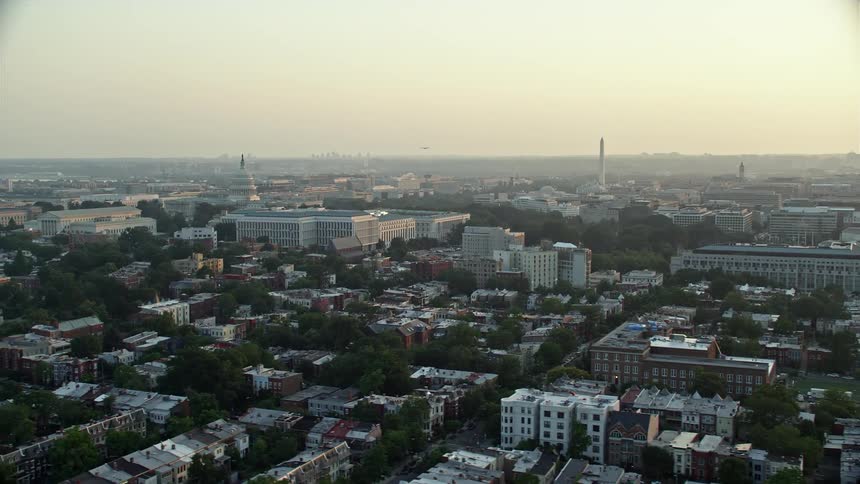 Sunset aerial view of the Supreme Court United States Capitol Senate Buildings and Washington Monument in Washington DC during summer