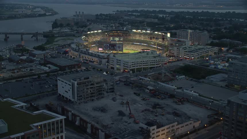 Aerial view at twilight of fans filling Nationals Park during a baseball game in Washington DC