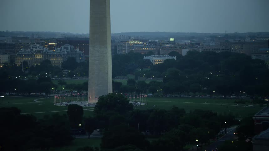 Stunning aerial view of the iconic White House and Washington Monument illuminated during twilight in Washington DC
