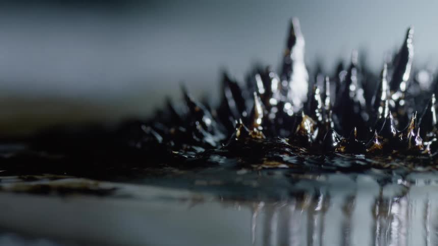 Shiny silver spikes rise from an organic surface near water and stretch as if they are alive