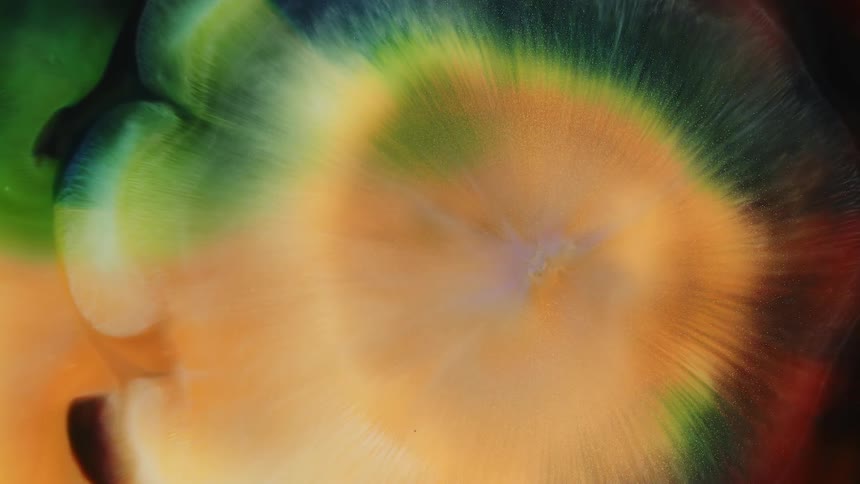 Orange blue and red paint spreading out from the center