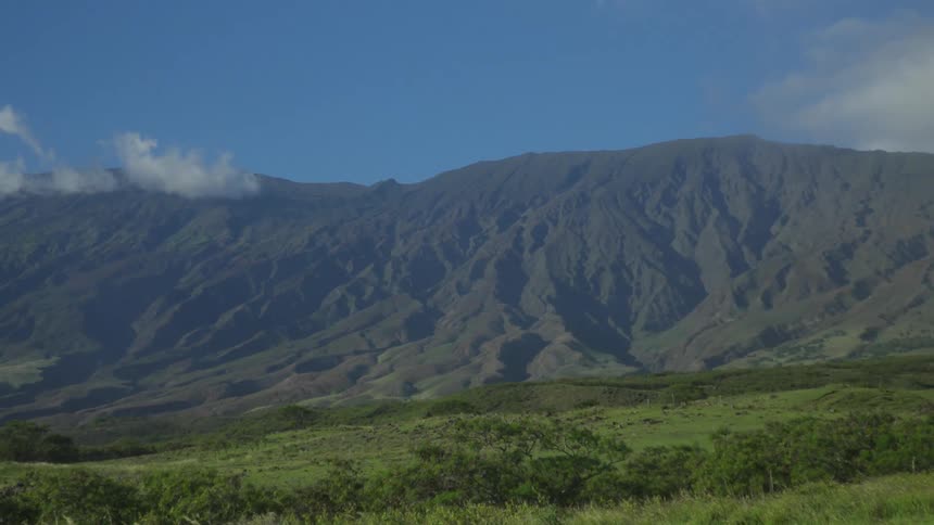 A lush green field sits below a canyon
