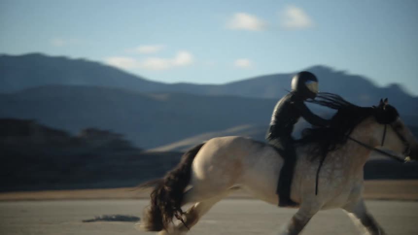 Woman wearing black helmet leather jacket and pants rides white horse in the desert