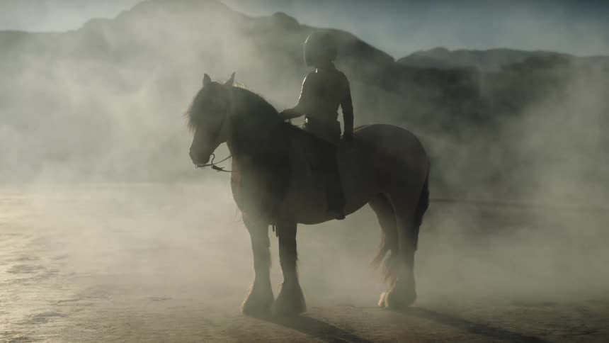 Woman with leather jacket pants and black hard hat sits on horse in the desert