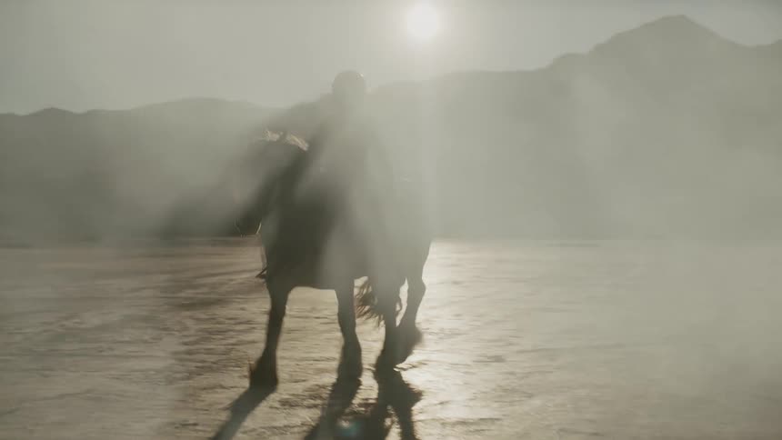 A person is riding a horse in the desert